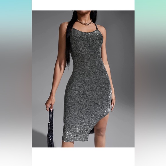 BOGO FREE WOMENS SPARKLING SILVER SLIP DRESS - Picture 4 of 7